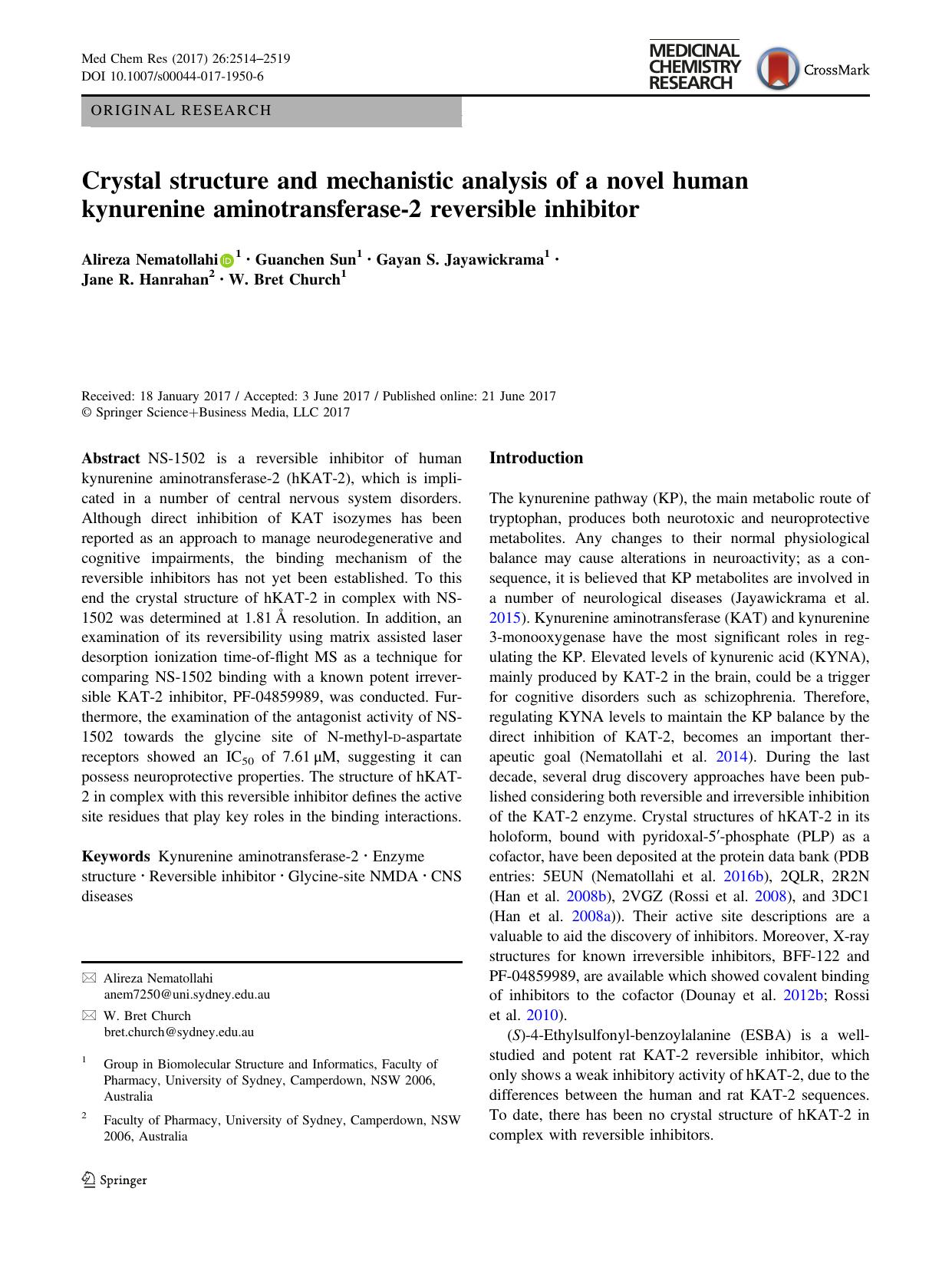 Crystal structure and mechanistic analysis of a novel human kynurenine aminotransferase-2 reversible inhibitor by Alireza Nematollahi & Guanchen Sun & Gayan S. Jayawickrama & Jane R. Hanrahan & W. Bret Church
