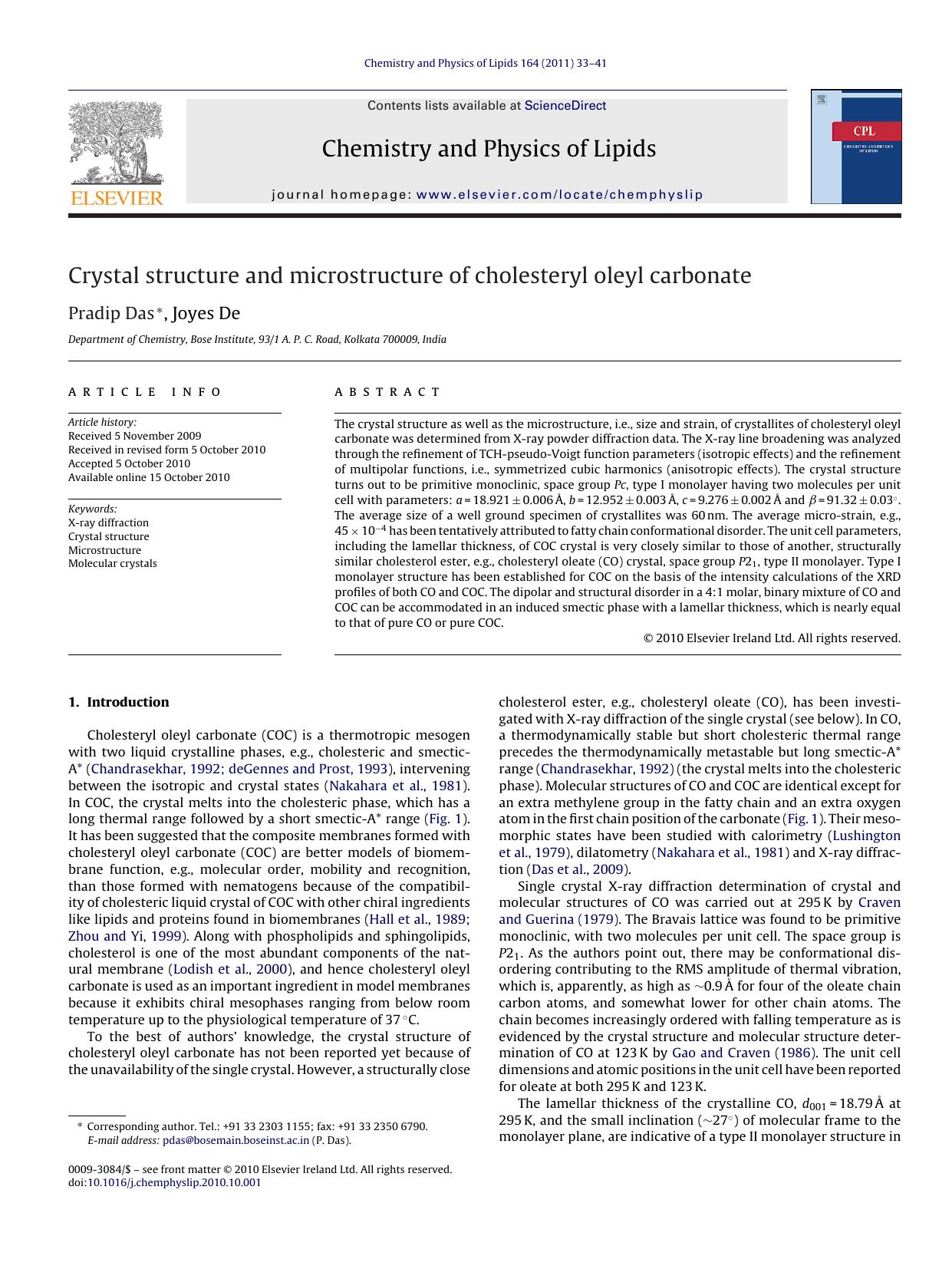 Crystal structure and microstructure of cholesteryl oleyl carbonate by Pradip Das
