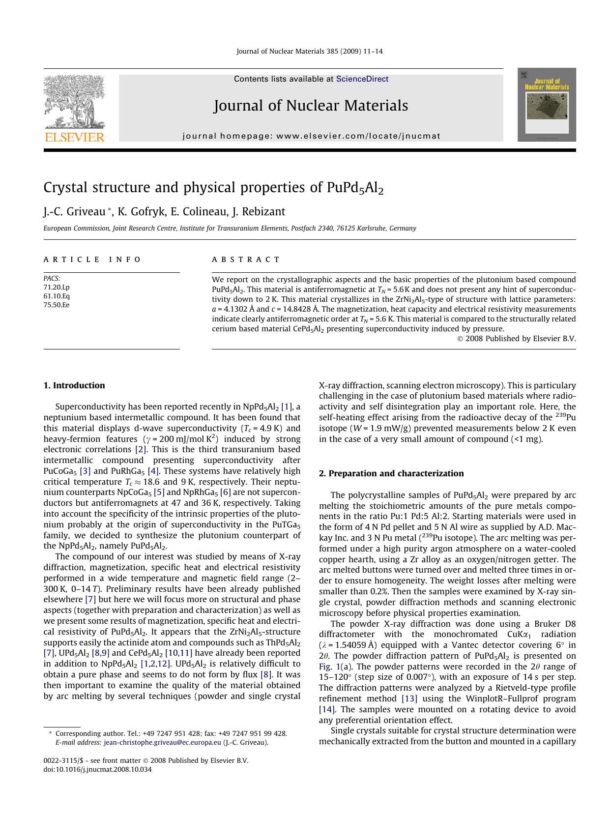 Crystal structure and physical properties of PuPd5Al2 by J.-C. Griveau; K. Gofryk; E. Colineau; J. Rebizant