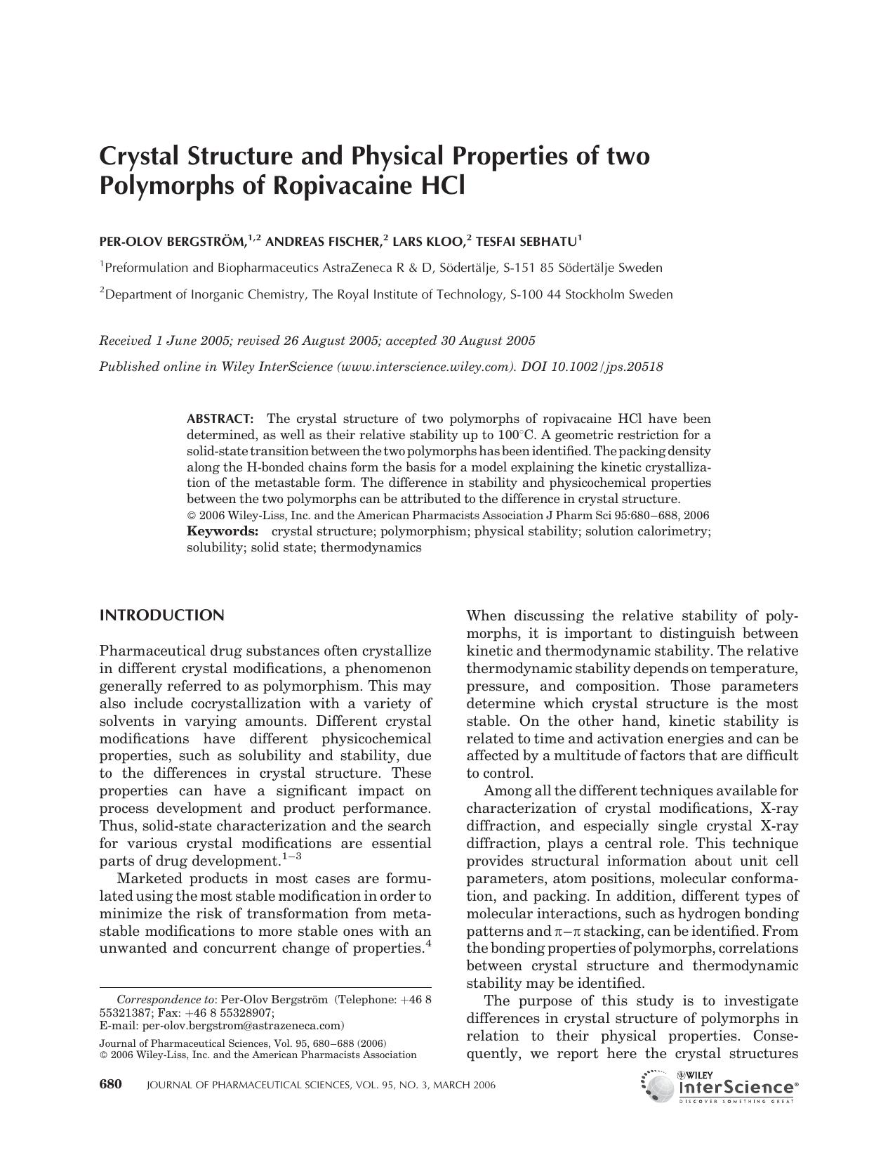 Crystal structure and physical properties of two polymorphs of ropivacaine HCl by Unknown