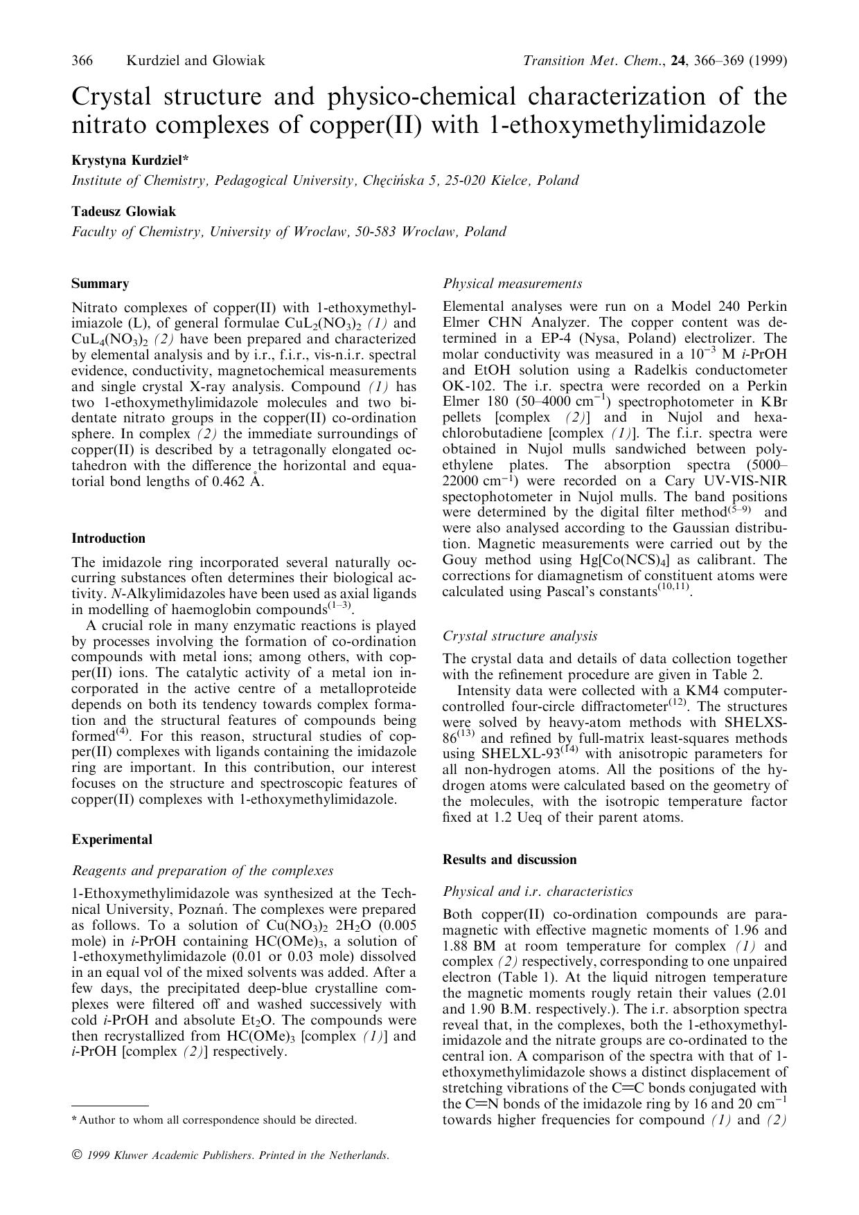 Crystal structure and physico-chemical characterization of the nitrato complexes of copper(II) with 1-ethoxymethylimidazole by Unknown
