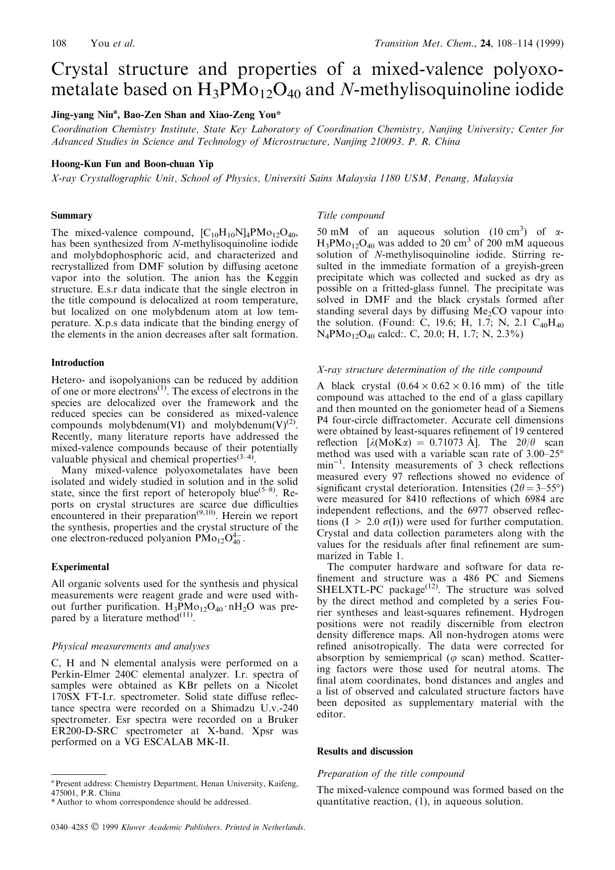 Crystal structure and properties of a mixed-valence polyoxometalate based on H3PMo12O40 and N-methylisoquinoline iodide by Unknown