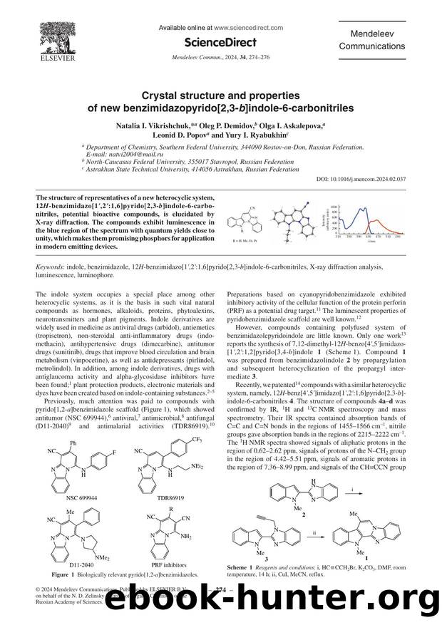 Crystal structure and properties of new benzimidazopyrido[2,3-b]indole-6-carbonitriles by Natalia I. Vikrishchuk & Oleg P. Demidov & Olga I. Askalepova & Leonid D. Popov & Yury I. Ryabukhin