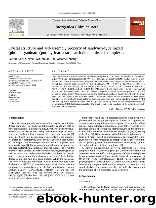 Crystal structure and self-assembly property of sandwich-type mixed (phthalocyaninato)(porphyrinato) rare earth double-decker complexes by Ranran Sun & Xingcui Wu & Zijuan Hao & Xiaomei Zhang