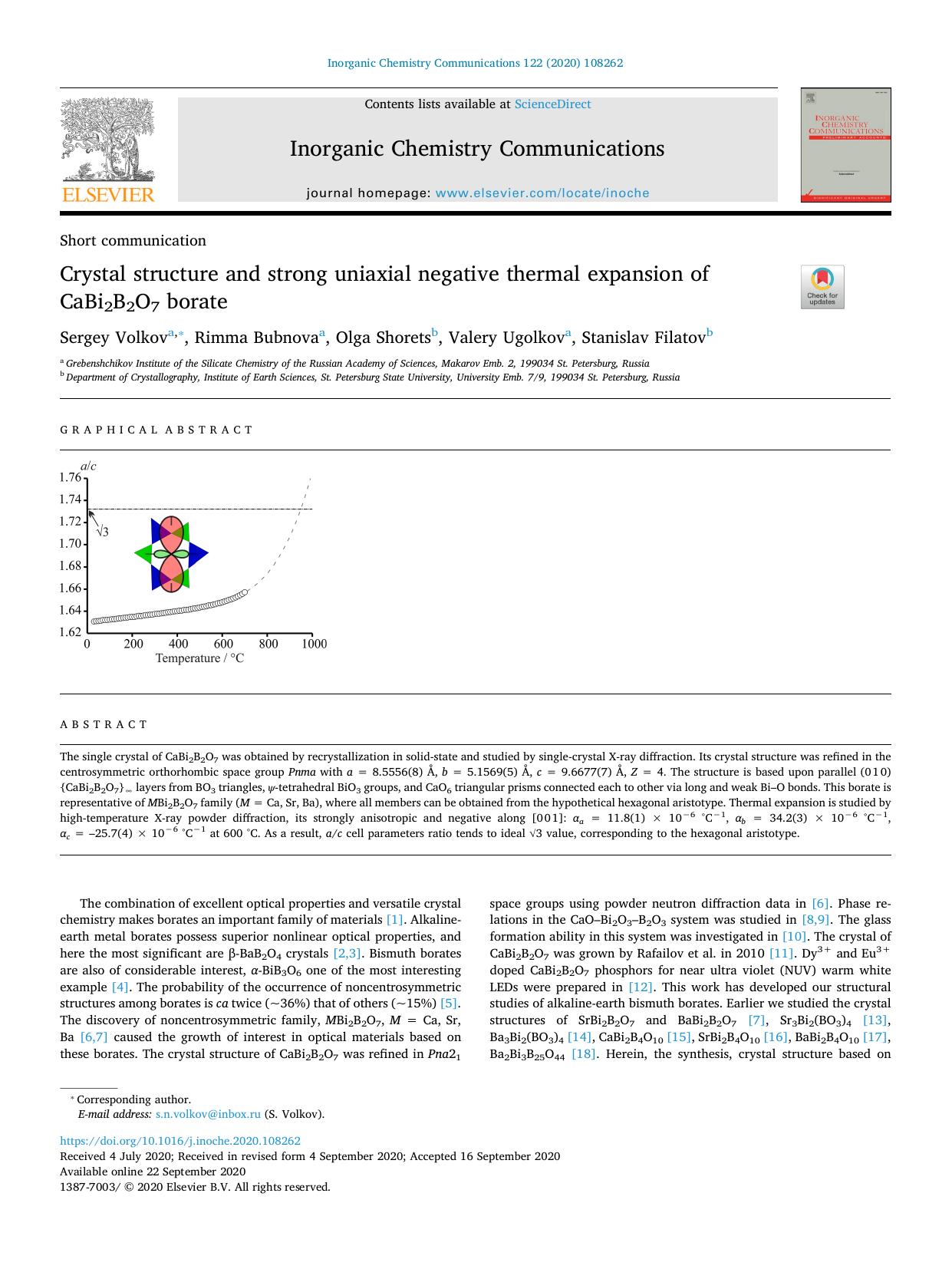 Crystal structure and strong uniaxial negative thermal expansion of CaBi2B2O7 borate by Sergey Volkov & Rimma Bubnova & Olga Shorets & Valery Ugolkov & Stanislav Filatov