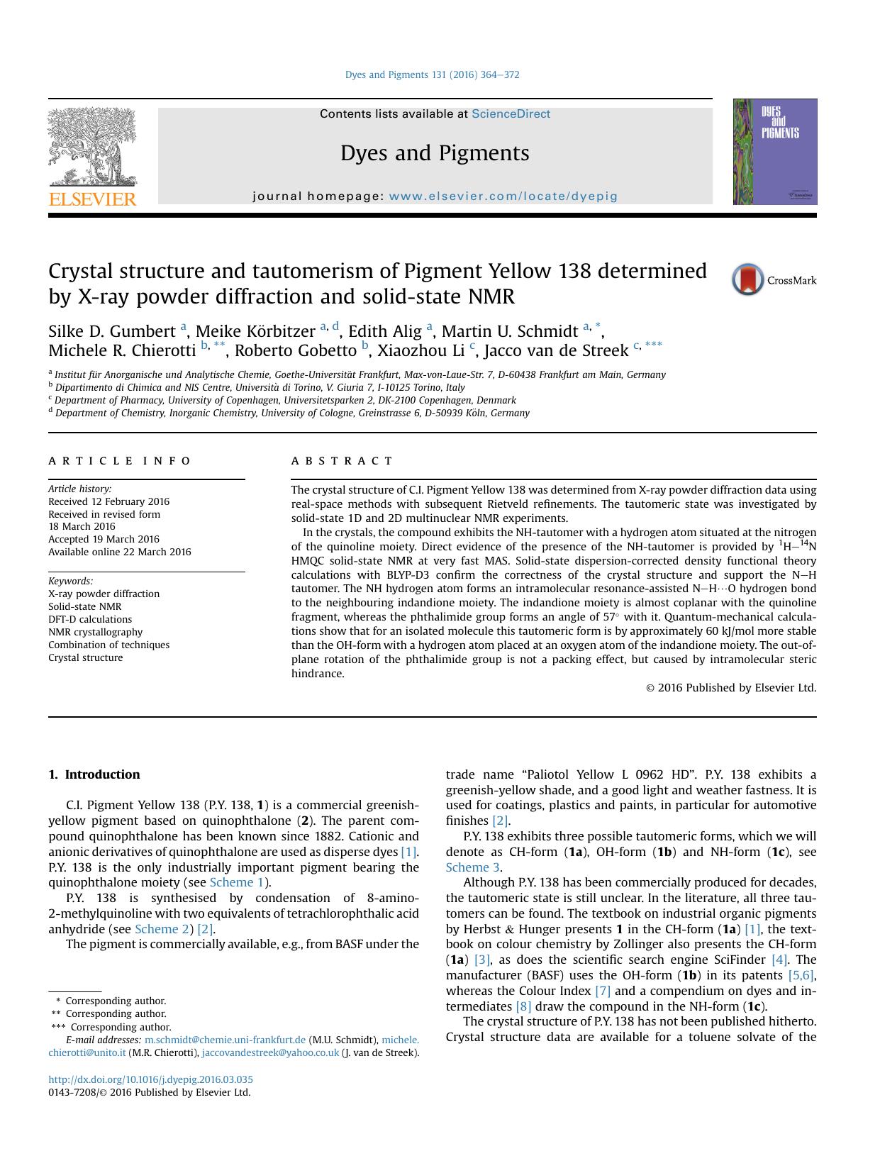Crystal structure and tautomerism of Pigment Yellow 138 determined by X-ray powder diffraction and solid-state NMR by unknow