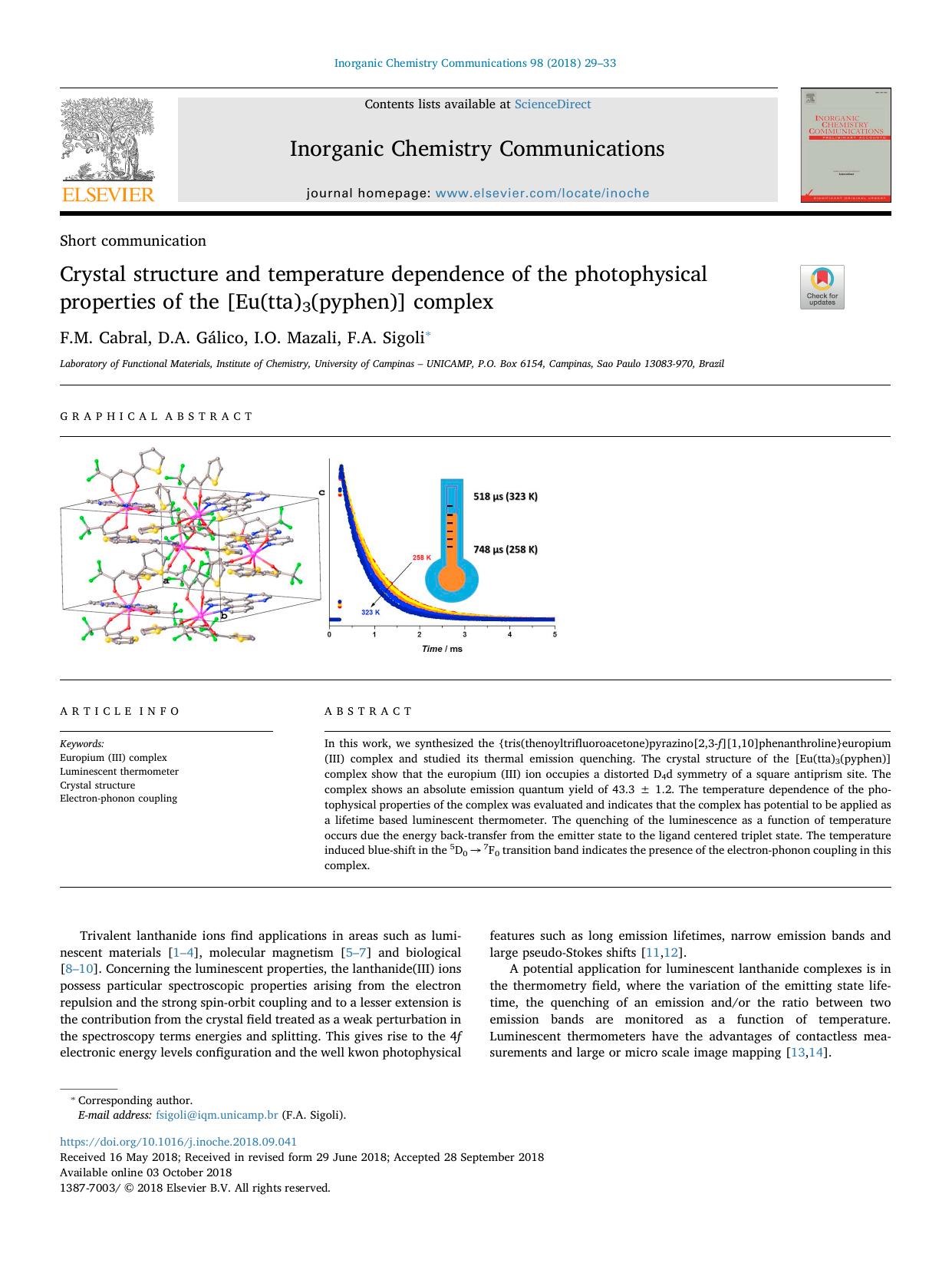 Crystal structure and temperature dependence of the photophysical properties of the [Eu(tta)3(pyphen)] complex by F.M. Cabral & D.A. Gálico & I.O. Mazali & F.A. Sigoli
