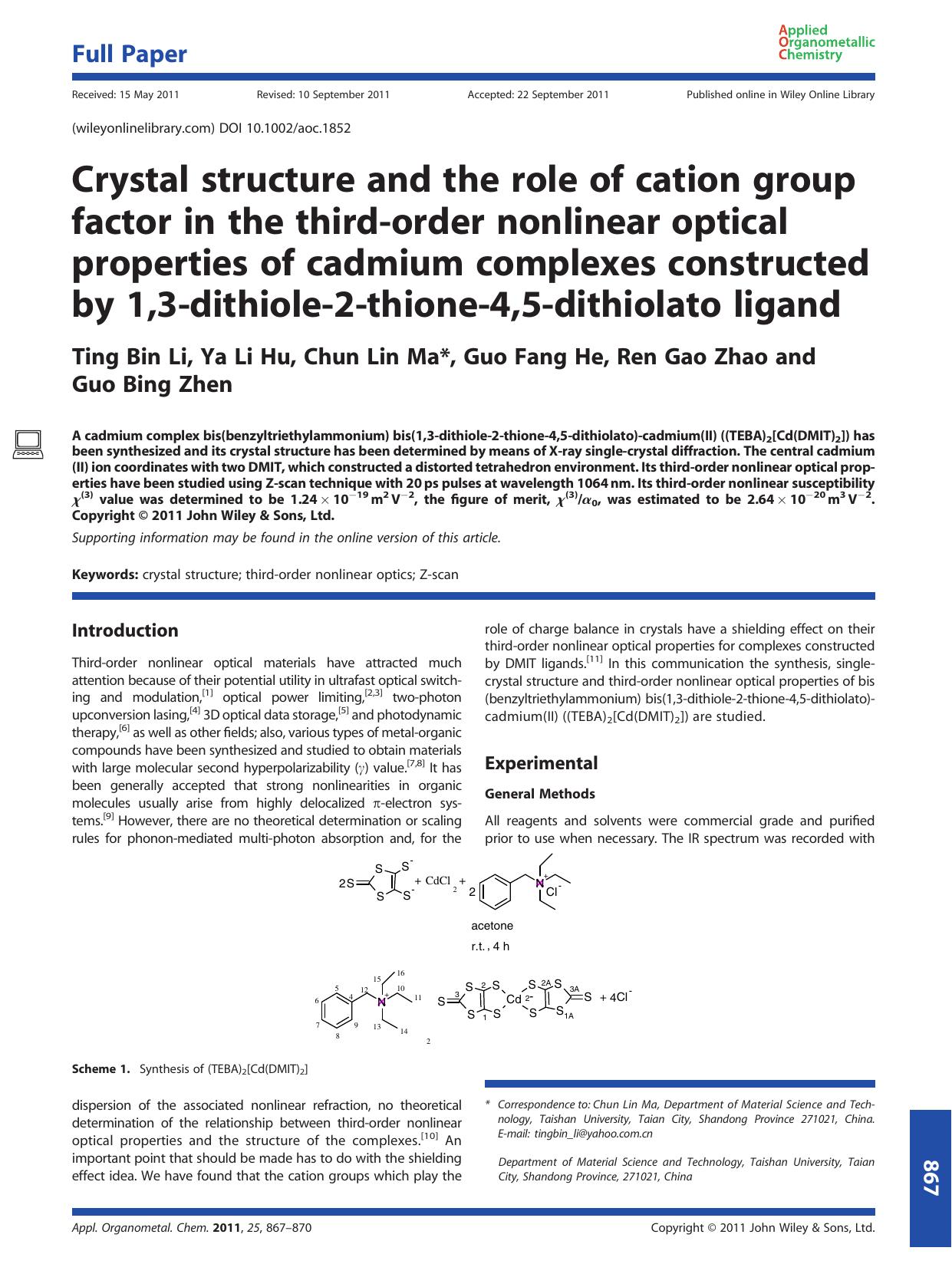 Crystal structure and the role of cation group factor in the thirdorder nonlinear optical properties of cadmium complexes constructed by 1,3dithiole2thione4,5dithiolato ligand by Unknown