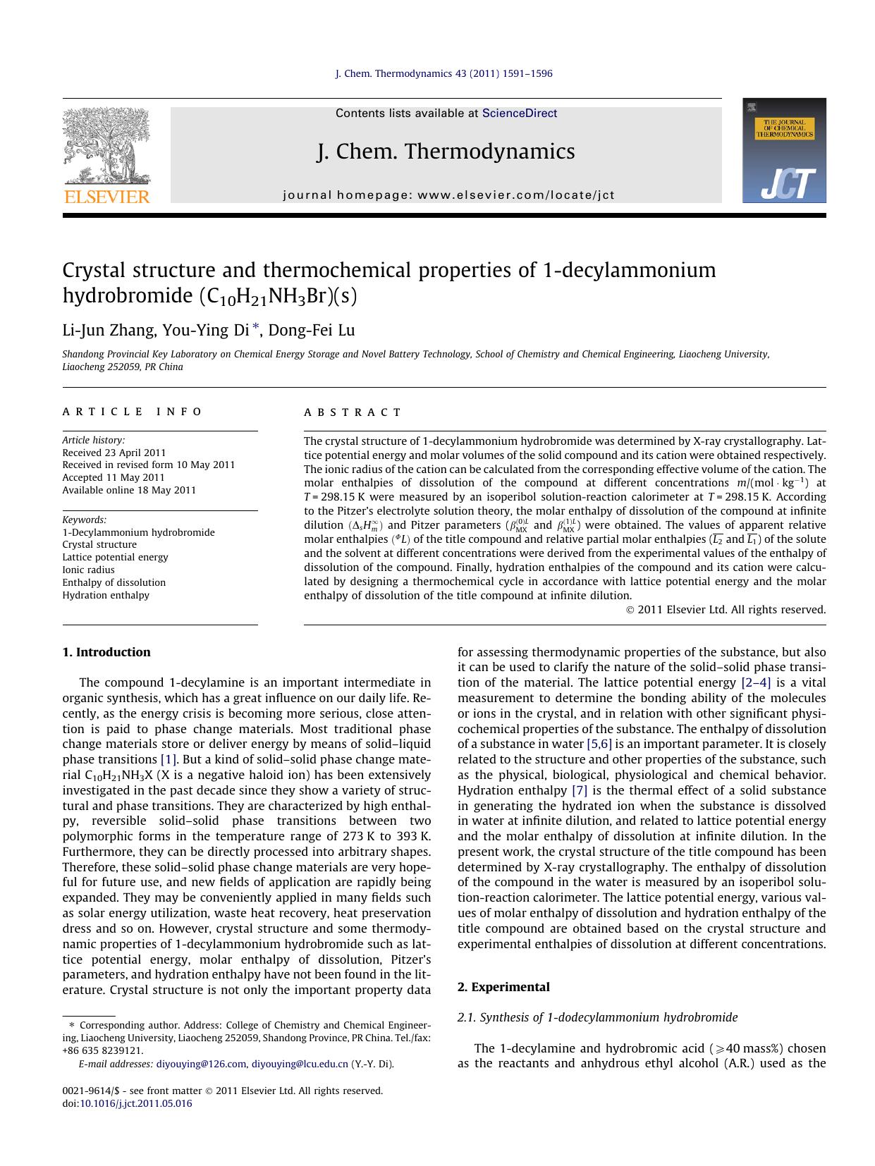 Crystal structure and thermochemical properties of 1-decylammonium hydrobromide (C10H21NH3Br)(s) by Li-Jun Zhang & You-Ying Di & Dong-Fei Lu