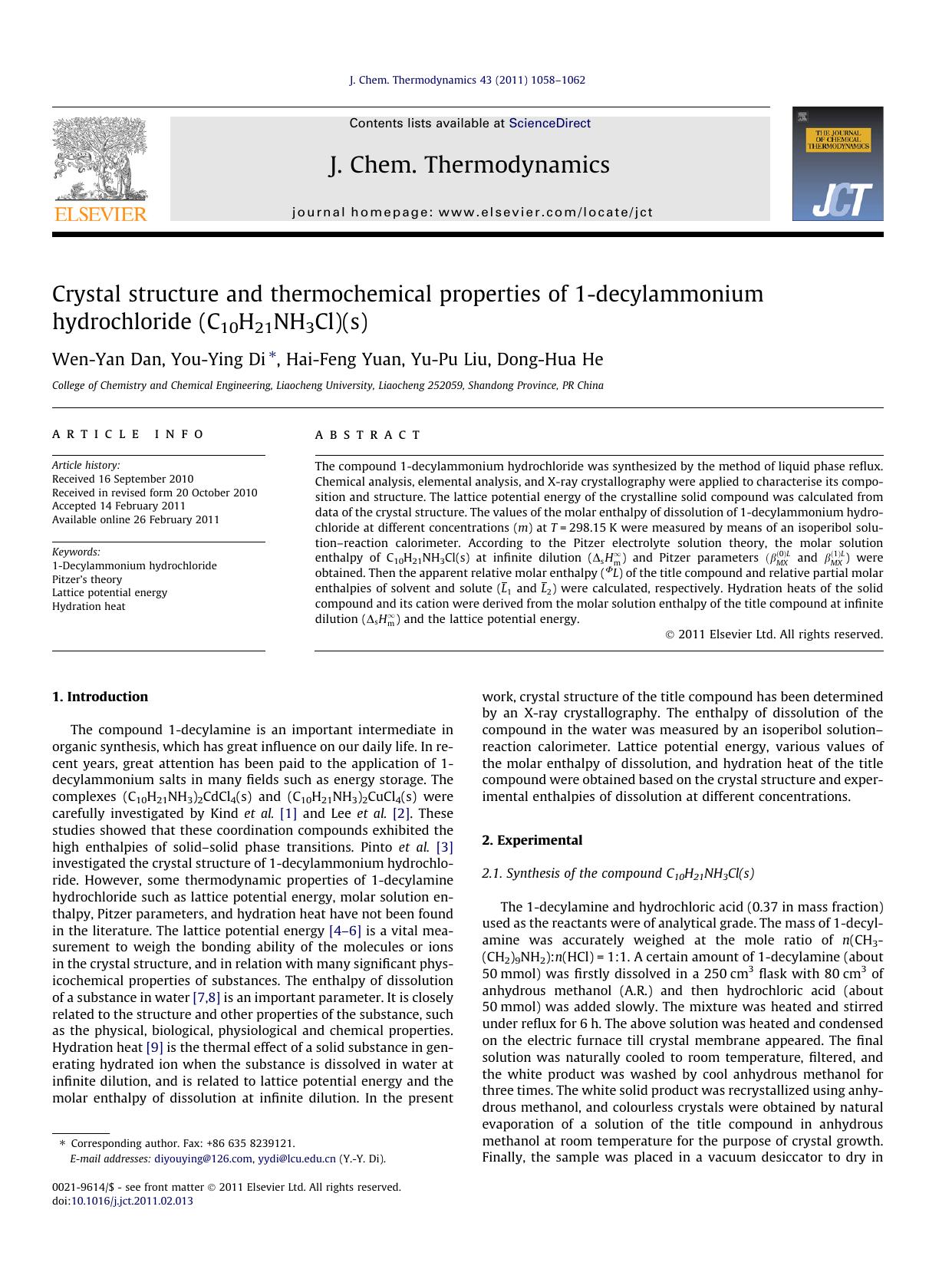 Crystal structure and thermochemical properties of 1-decylammonium hydrochloride (C10H21NH3Cl)(s) by Wen-Yan Dan & You-Ying Di & Hai-Feng Yuan & Yu-Pu Liu & Dong-Hua He