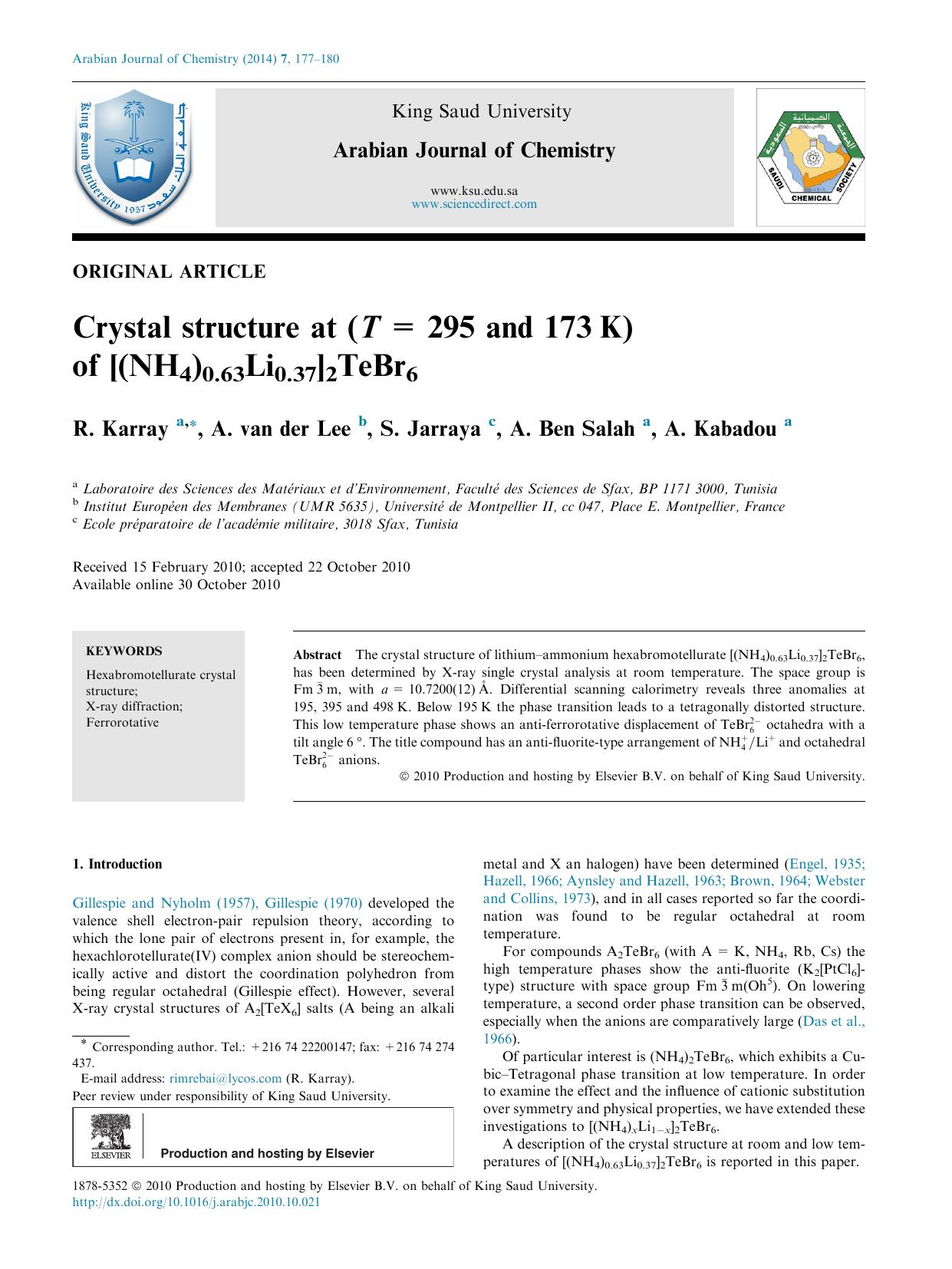 Crystal structure at (T=295 and 173K) of [(NH4)0.63Li0.37]2TeBr6 by R. Karray & A. van der Lee & S. Jarraya & A. Ben Salah & A. Kabadou