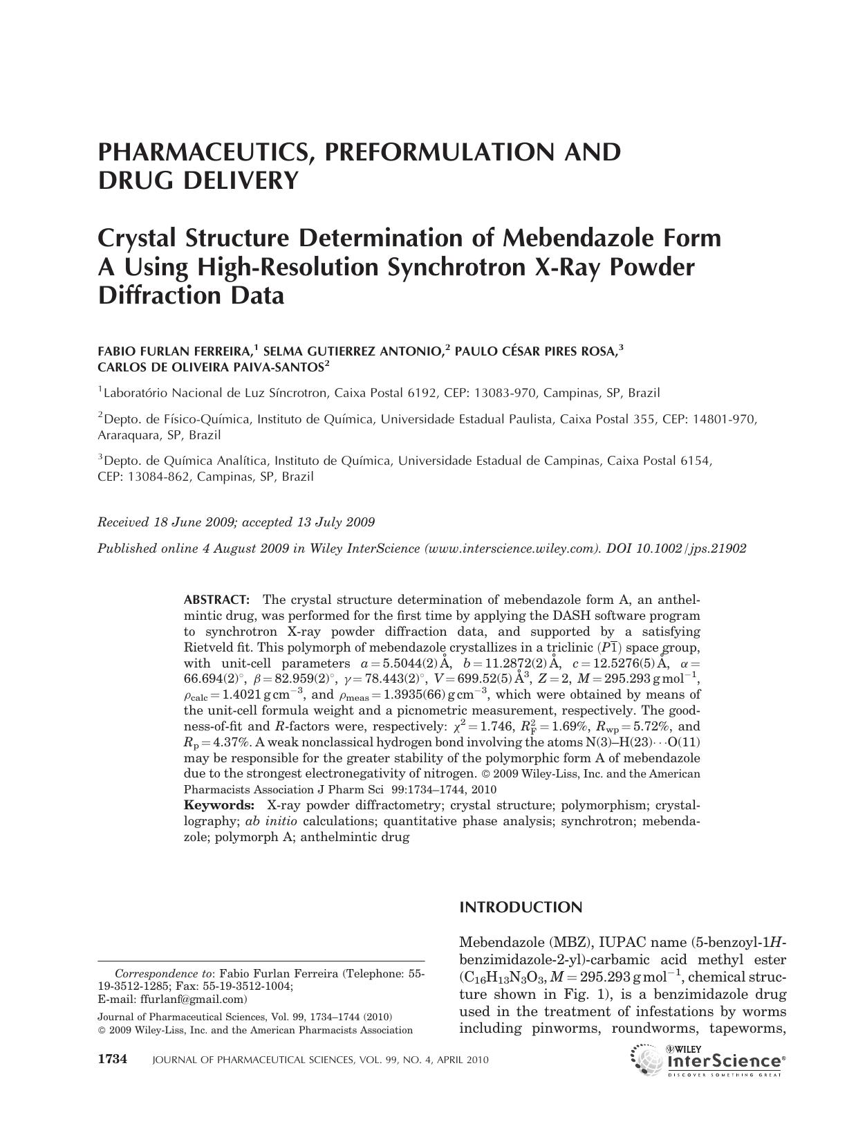 Crystal structure determination of mebendazole form A using high-resolution synchrotron x-ray powder diffraction data by Unknown
