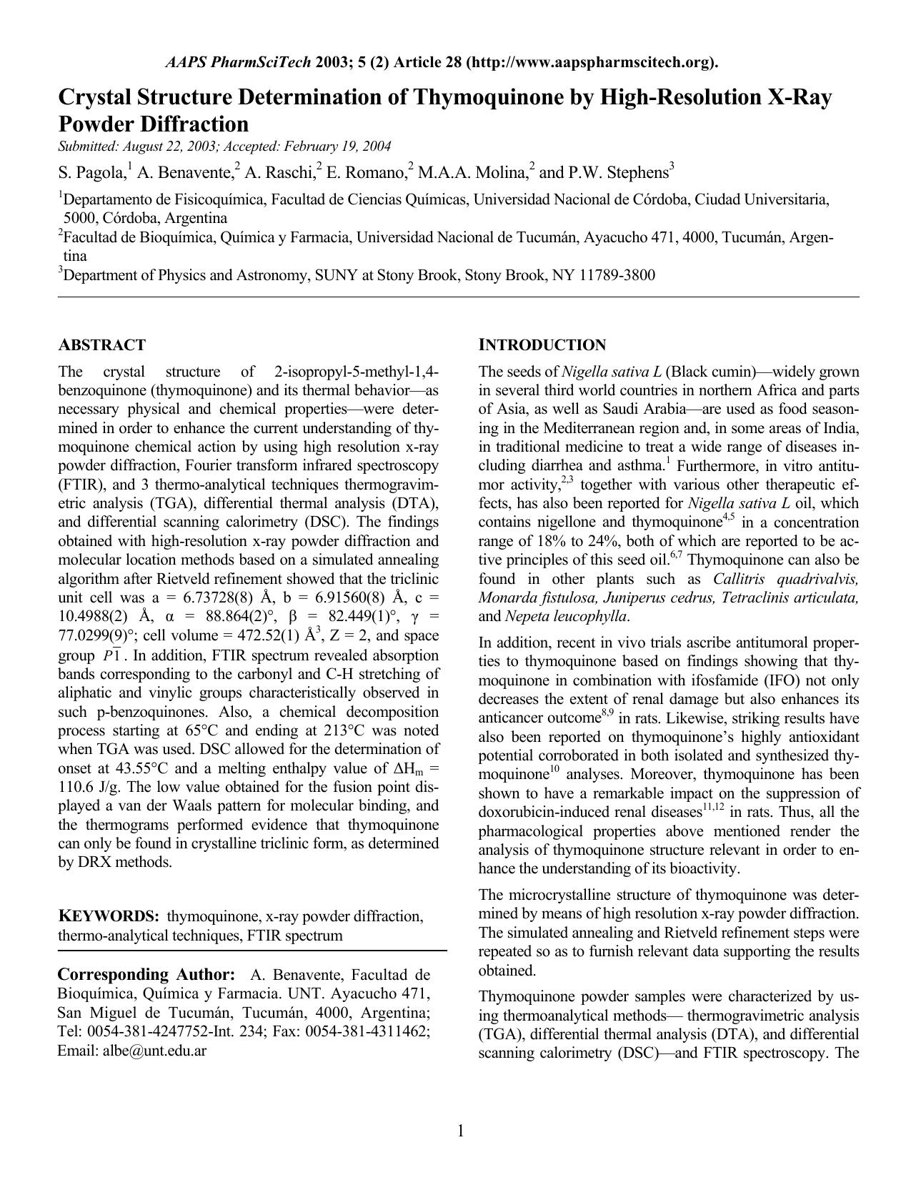 Crystal structure determination of thymoquinone by high-resolution X-ray powder diffraction by Unknown