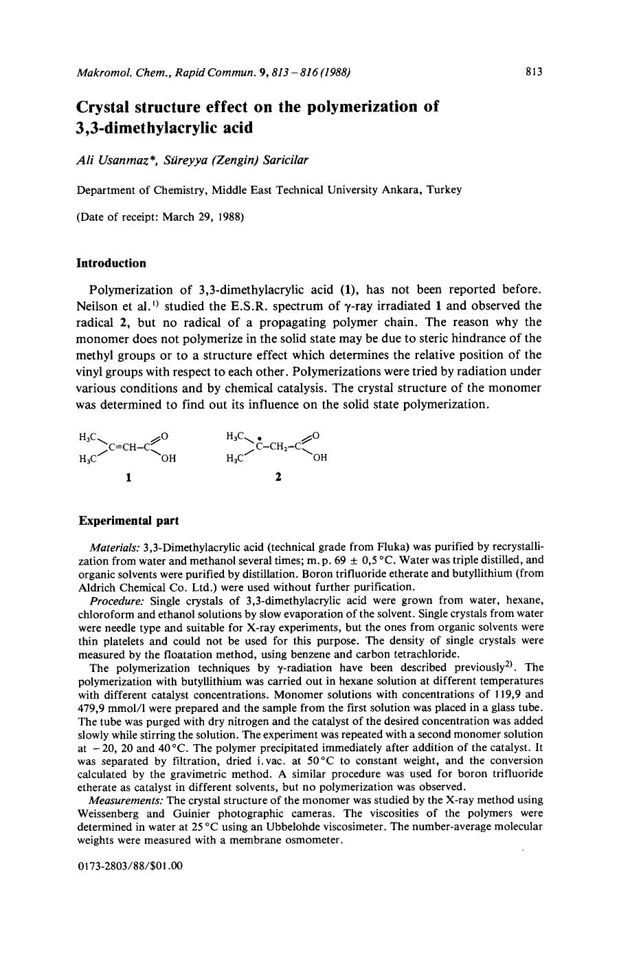 Crystal structure effect on the polymerization of 3,3-dimethylacrylic acid by Unknown