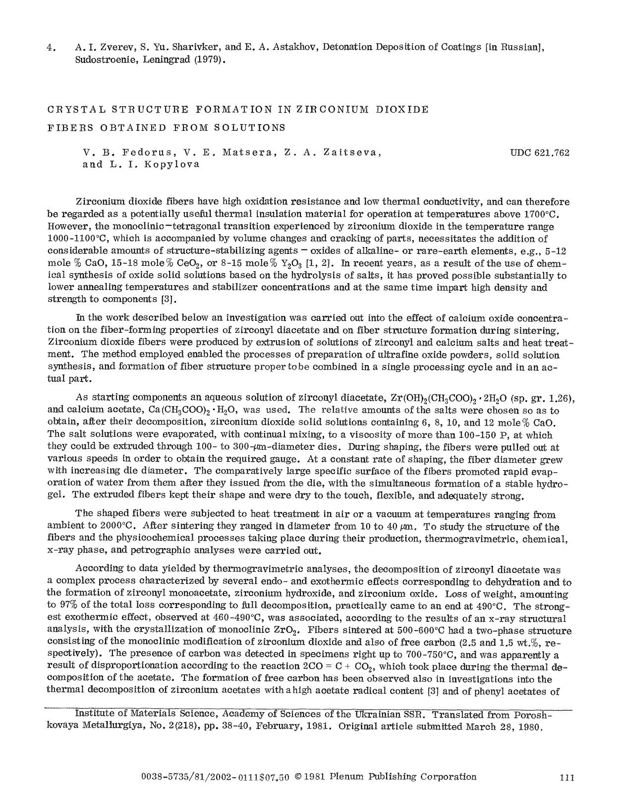 Crystal structure formation in zirconium dioxide fibers obtained from solutions by Unknown