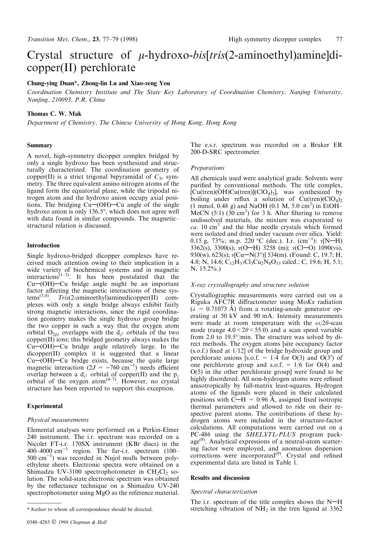 Crystal structure of μ-hydroxo-bis[tris(2–aminoethyl)amine]dicopper(II) perchlorate by Unknown