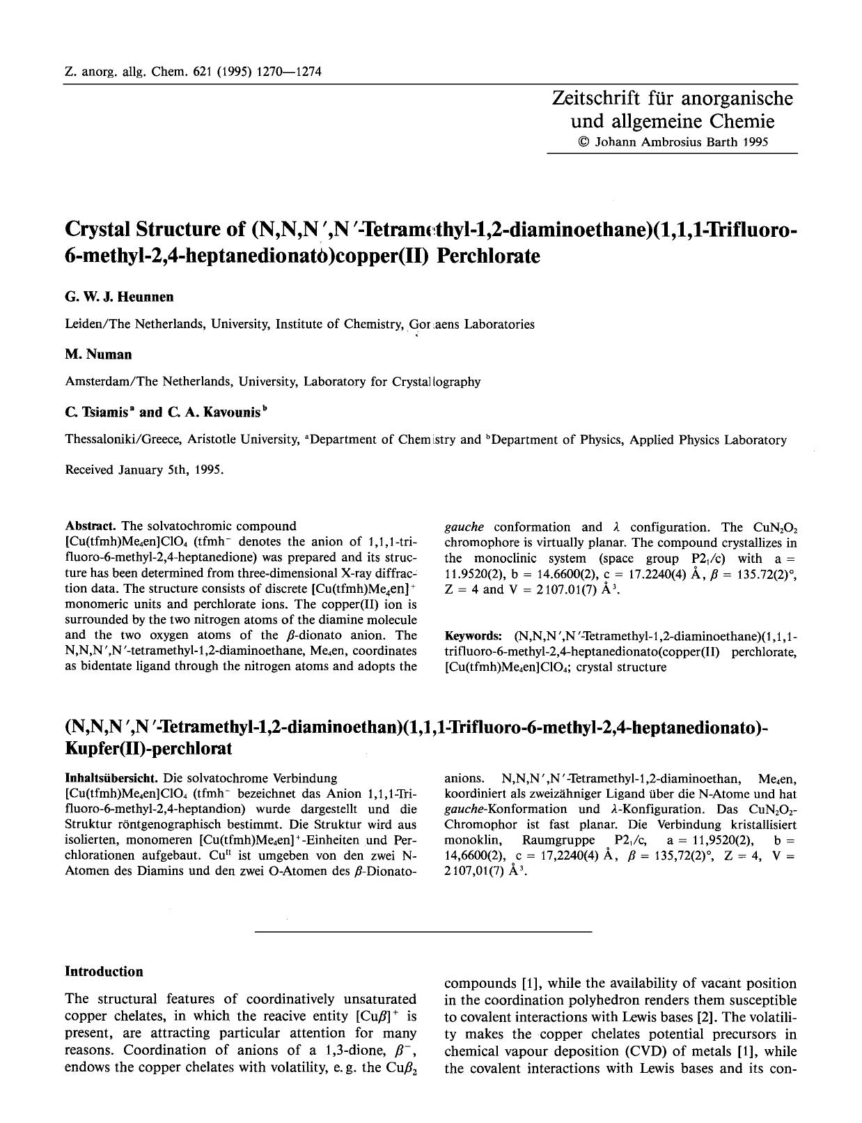 Crystal structure of (N,N,N[prime],N[prime]-tetramethyl-1,2-diaminoethane)(1,1,1-trifluoro-6-methyl-2,4-heptanedionato)copper(II) perchlorate by Unknown
