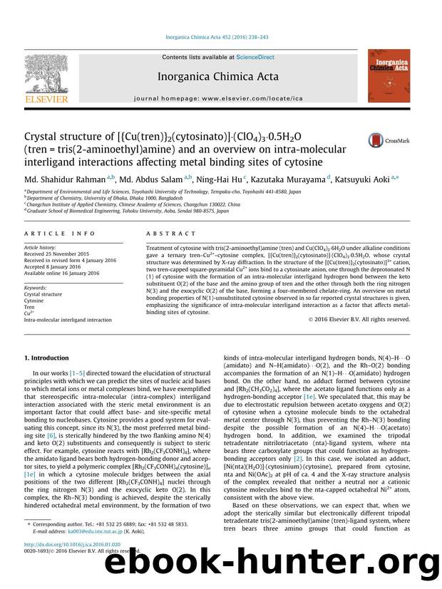 Crystal structure of [{Cu(tren)}2(cytosinato)]ÃÂ·(ClO4)3ÃÂ·0.5H2O (tren=tris(2-aminoethyl)amine) and an overview on intra-molecular interligand interactions affecting metal binding sites of cytosine by Md. Shahidur Rahman & Md. Abdus Salam & Ning-Hai Hu & Kazutaka Murayama & Katsuyuki Aoki