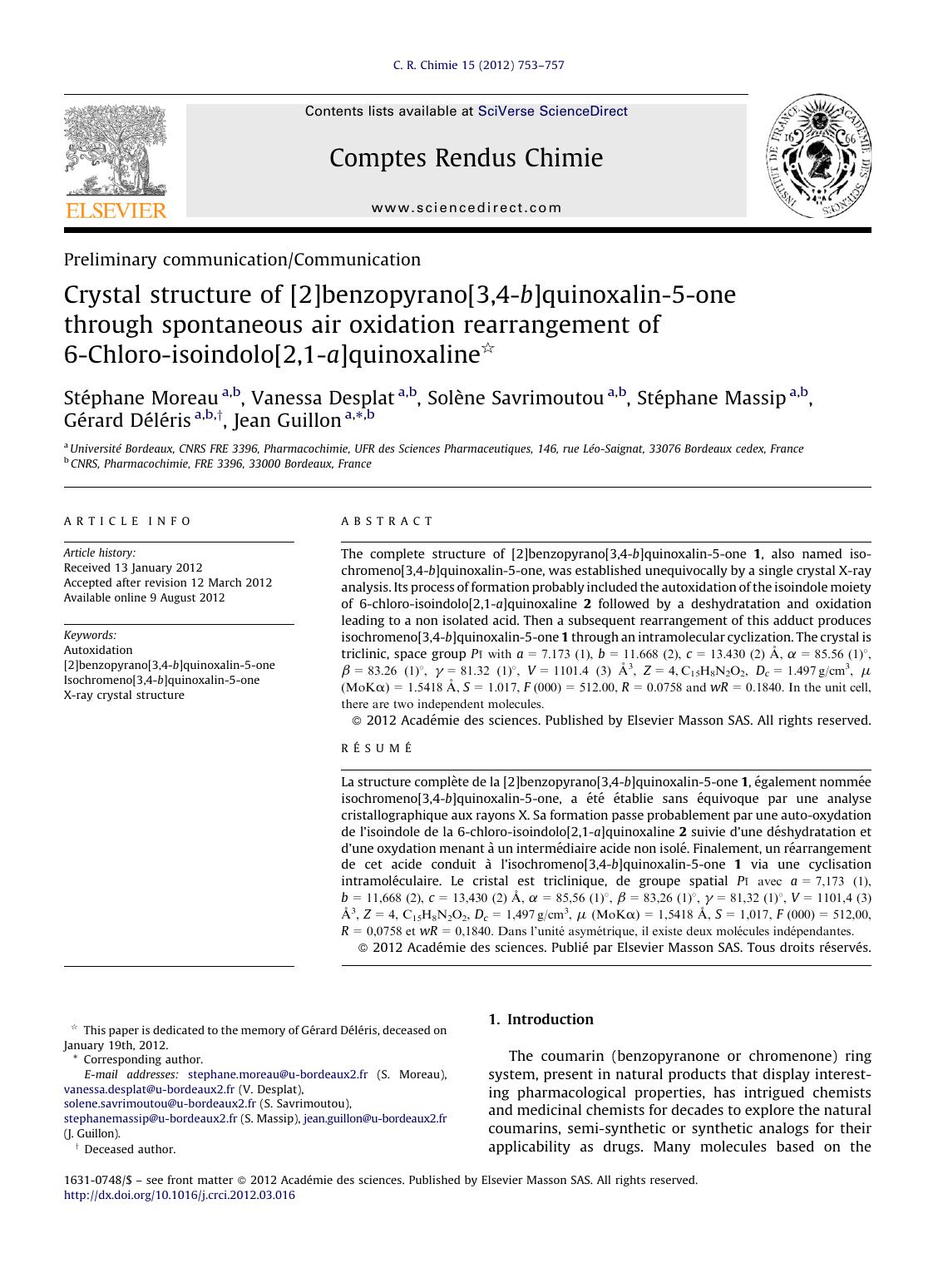 Crystal structure of [2]benzopyrano[3,4-b]quinoxalin-5-one through spontaneous air oxidation rearrangement of 6-Chloro-isoindolo[2,1-a]quinoxaline by Stéphane Moreau