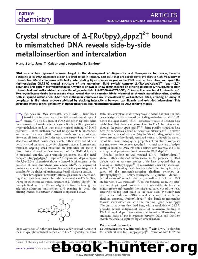 Crystal structure of Î-[Ru(bpy)<sub>2<sub>dppz]<super>2+<super> bound to mismatched DNA reveals side-by-side metalloinsertion and intercalation by Hang Song & Jens T. Kaiser & Jacqueline K. Barton