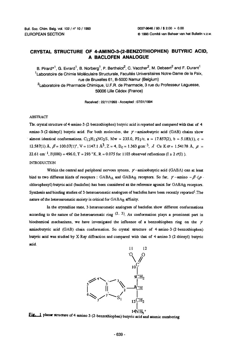 Crystal structure of 4amino3(2benzothiophen) butyric acid, a baclofen analogue by Unknown