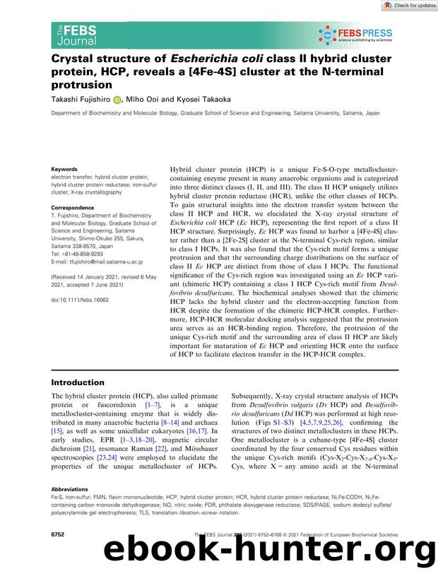 Crystal structure of Escherichia coli class II hybrid cluster protein, HCP, reveals a [4Feâ4S] cluster at the Nâterminal protrusion by Unknown