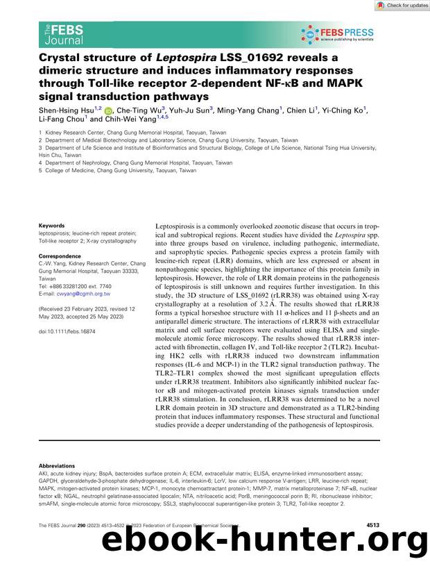 Crystal structure of Leptospira LSS_01692 reveals a dimeric structure and induces inflammatory responses through Tollâlike receptor 2âdependent NFâÎºB and MAPK signal transduction pathways by Unknown