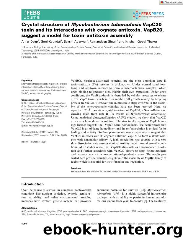 Crystal structure of Mycobacterium tuberculosis VapC20 toxin and its interactions with cognate antitoxin, VapB20, suggest a model for toxinâantitoxin assembly by Unknown