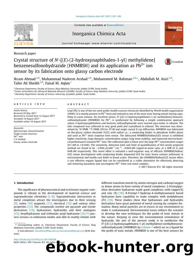 Crystal structure of NÃ¢â¬Â²-[(E)-(2-hydroxynaphthalen-1-yl) methylidene] benzenesulfonohydrazide (HNMBSH) and its application as Pb2+ ion sensor by its fabrication onto glassy carbon electrode by unknow