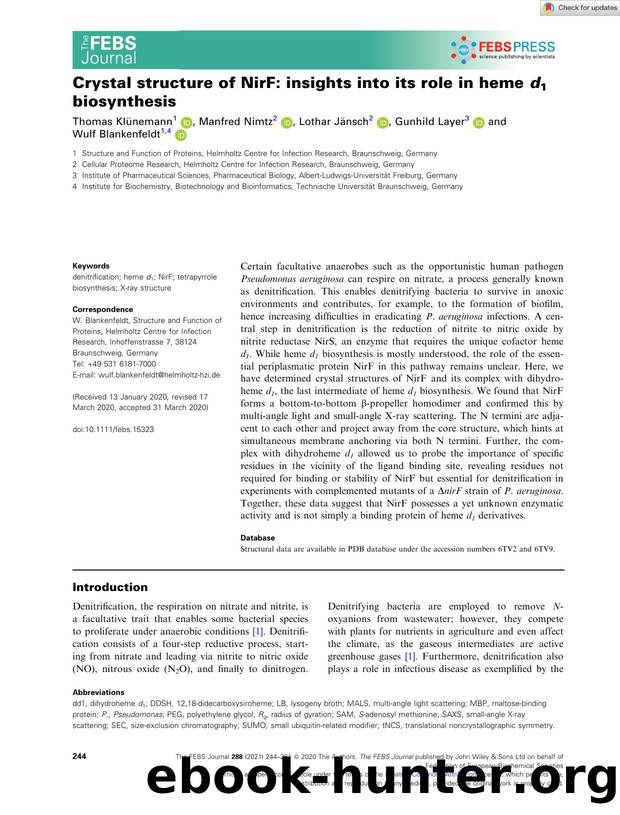 Crystal structure of NirF: insights into its role in heme d1 biosynthesis by Unknown