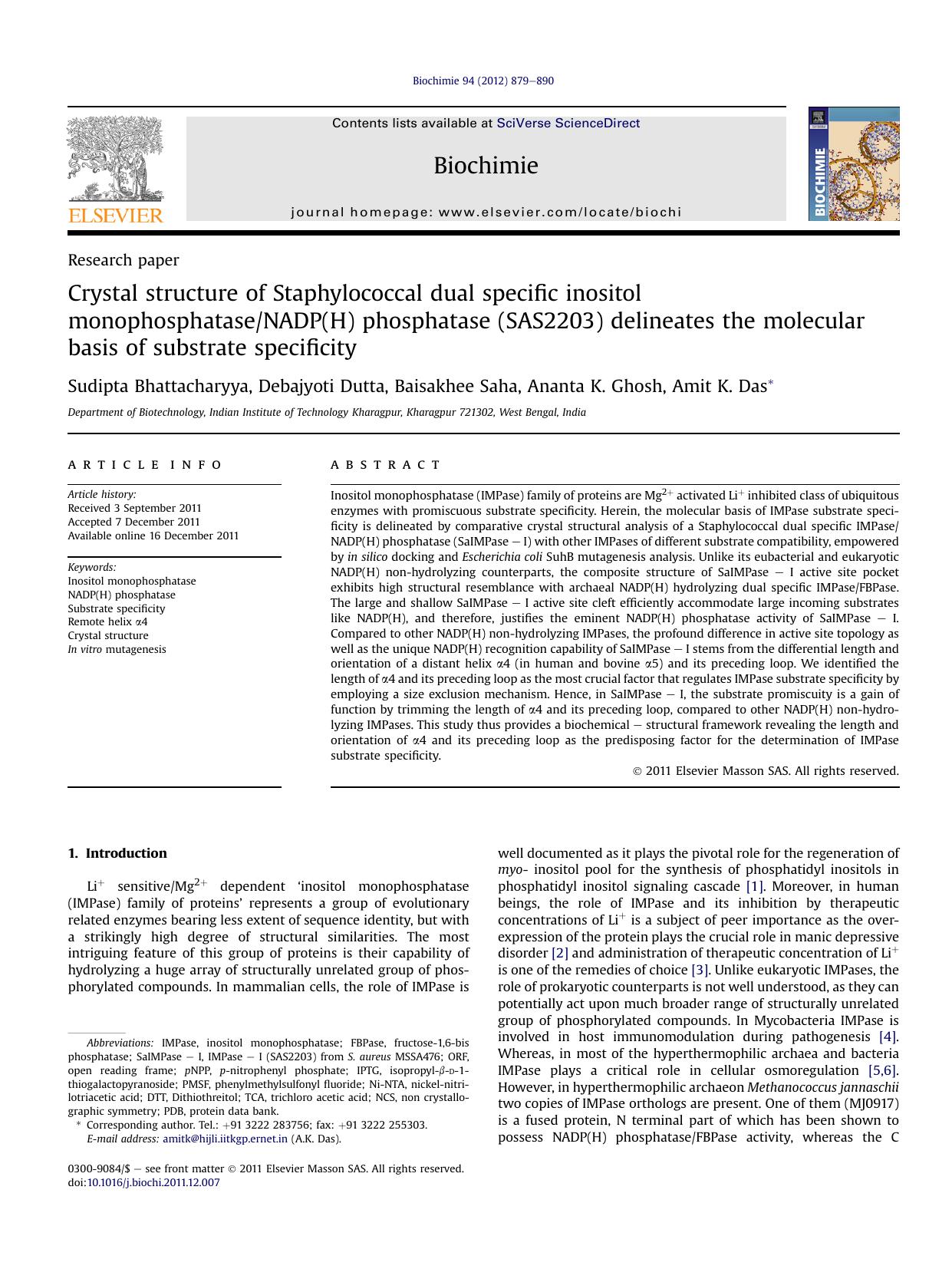 Crystal structure of Staphylococcal dual specific inositol monophosphataseNADP(H) phosphatase (SAS2203) delineates the molecular basis of substrate specificity by Sudipta Bhattacharyya & Debajyoti Dutta & Baisakhee Saha & Ananta K. Ghosh & Amit K. Das
