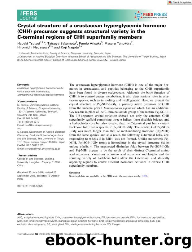 Crystal structure of a crustacean hyperglycemic hormone (CHH) precursor suggests structural variety in the Câterminal regions of CHH superfamily members by Unknown