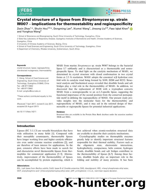 Crystal structure of a lipase from Streptomyces sp. strain W007 â implications for thermostability and regiospecificity by Unknown