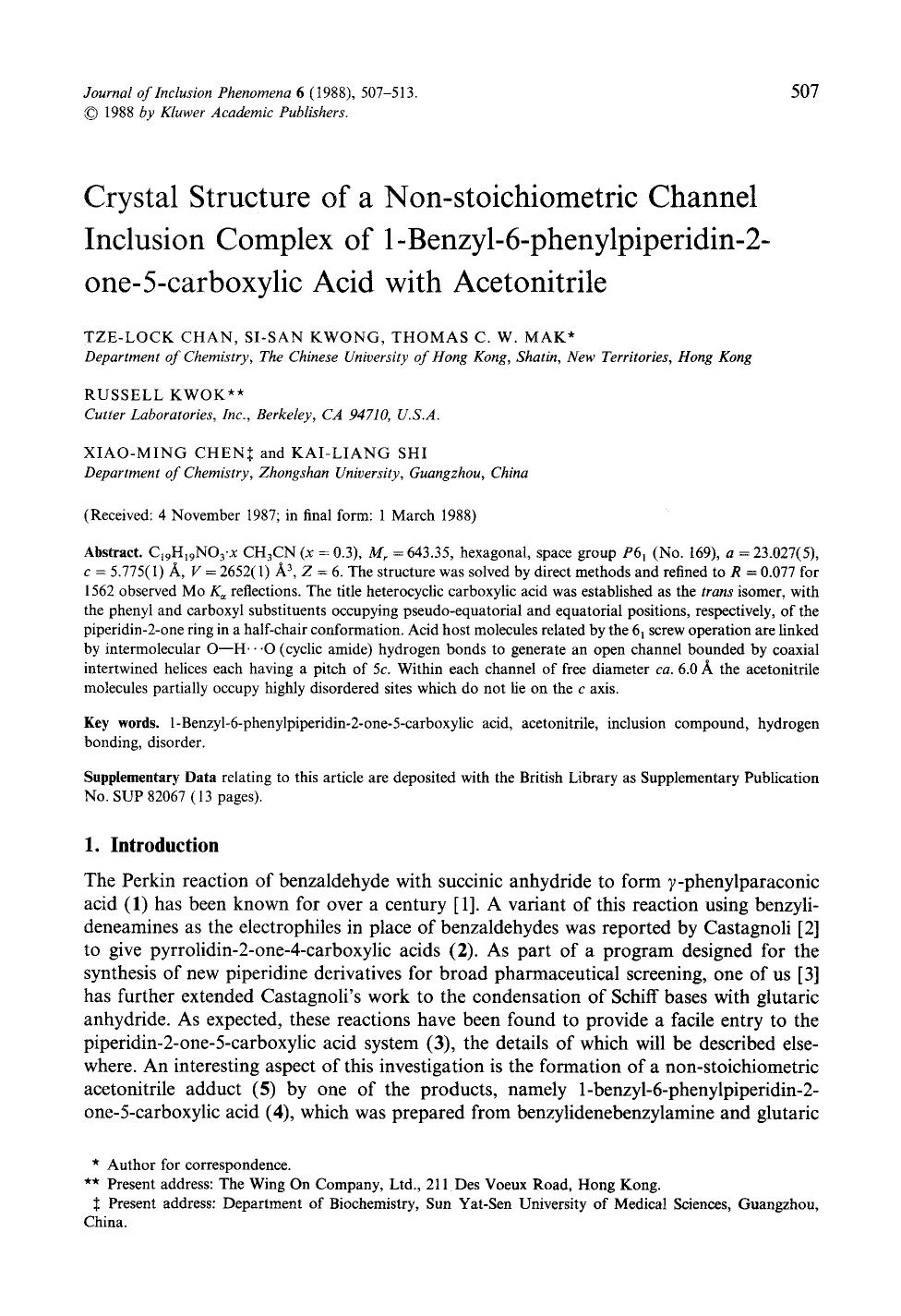 Crystal structure of a non-stoichiometric channel inclusion complex of 1-benzyl-6-phenylpiperidin-2-one-5-carboxylic acid with acetonitrile by Unknown