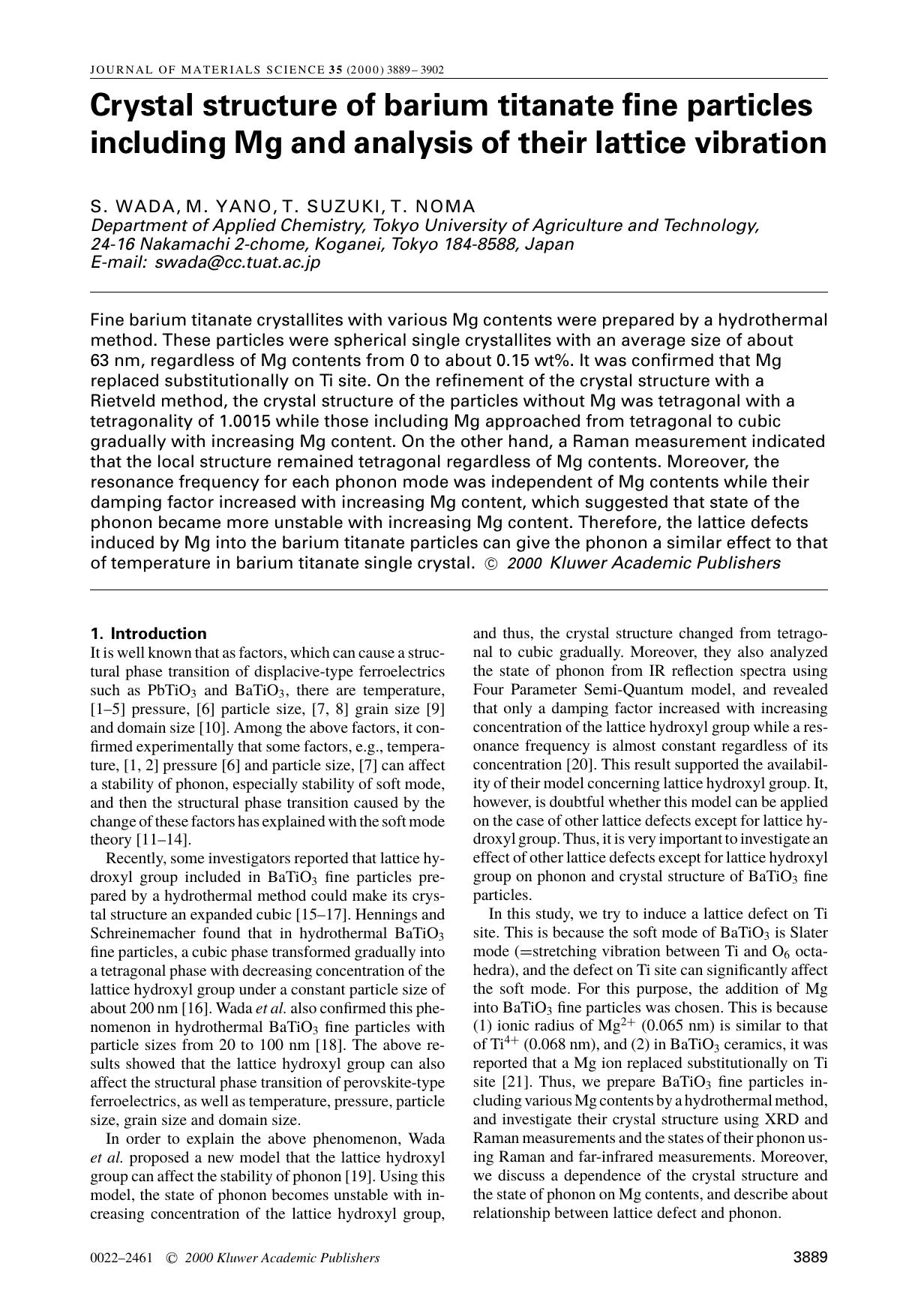 Crystal structure of barium titanate fine particles including Mg and analysis of their lattice vibration by Unknown