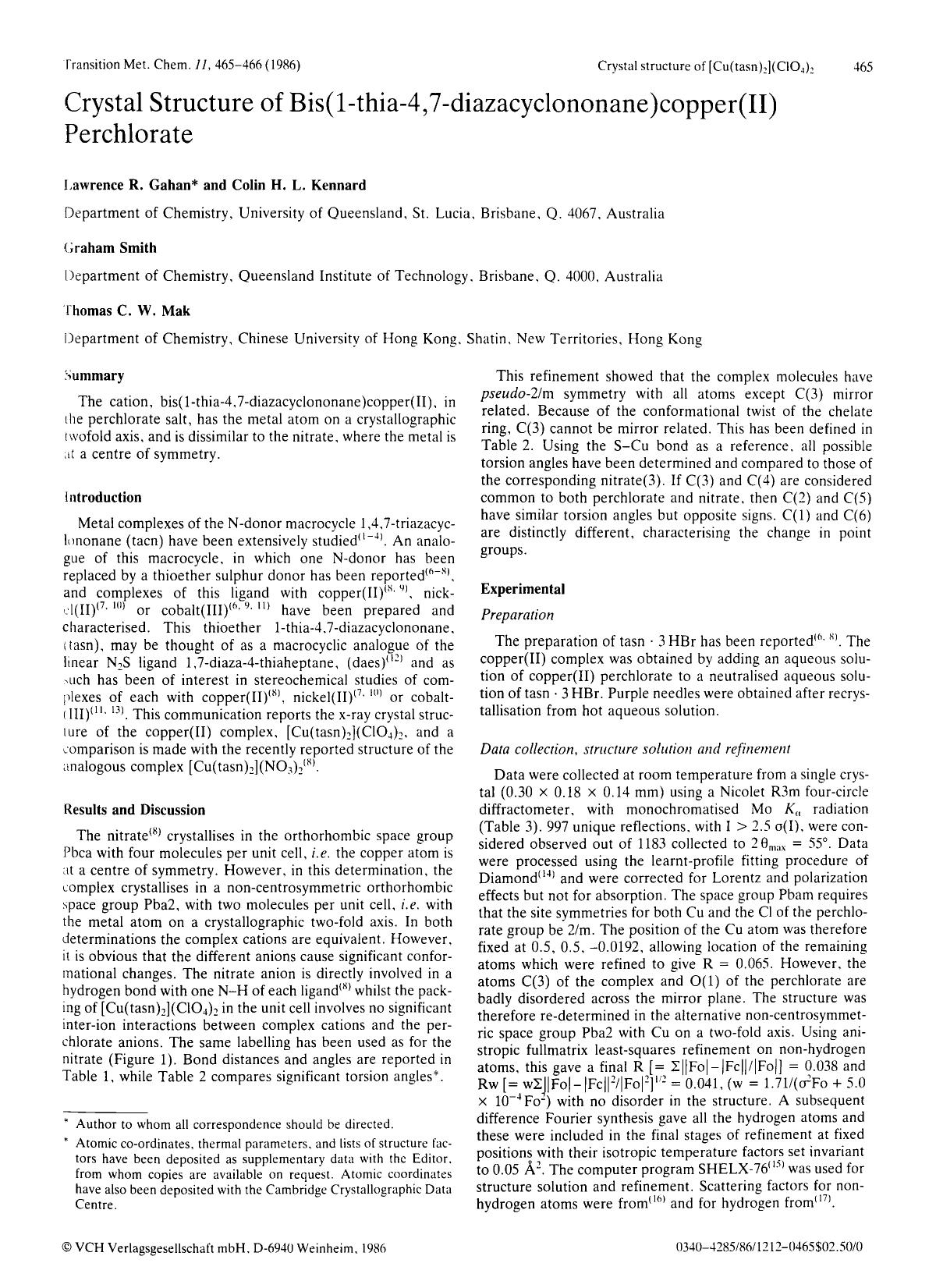 Crystal structure of bis(1-thia-4,7-diazacyclononane)copper(II) perchlorate by Unknown