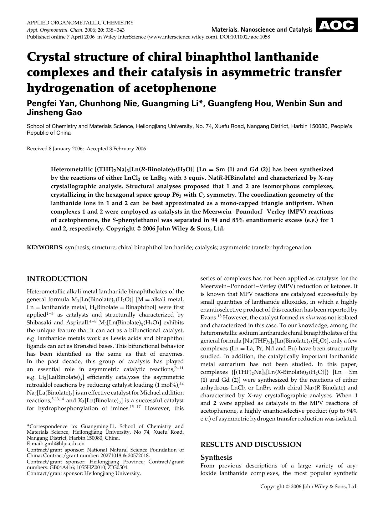 Crystal structure of chiral binaphthol lanthanide complexes and their catalysis in asymmetric transfer hydrogenation of acetophenone by Unknown