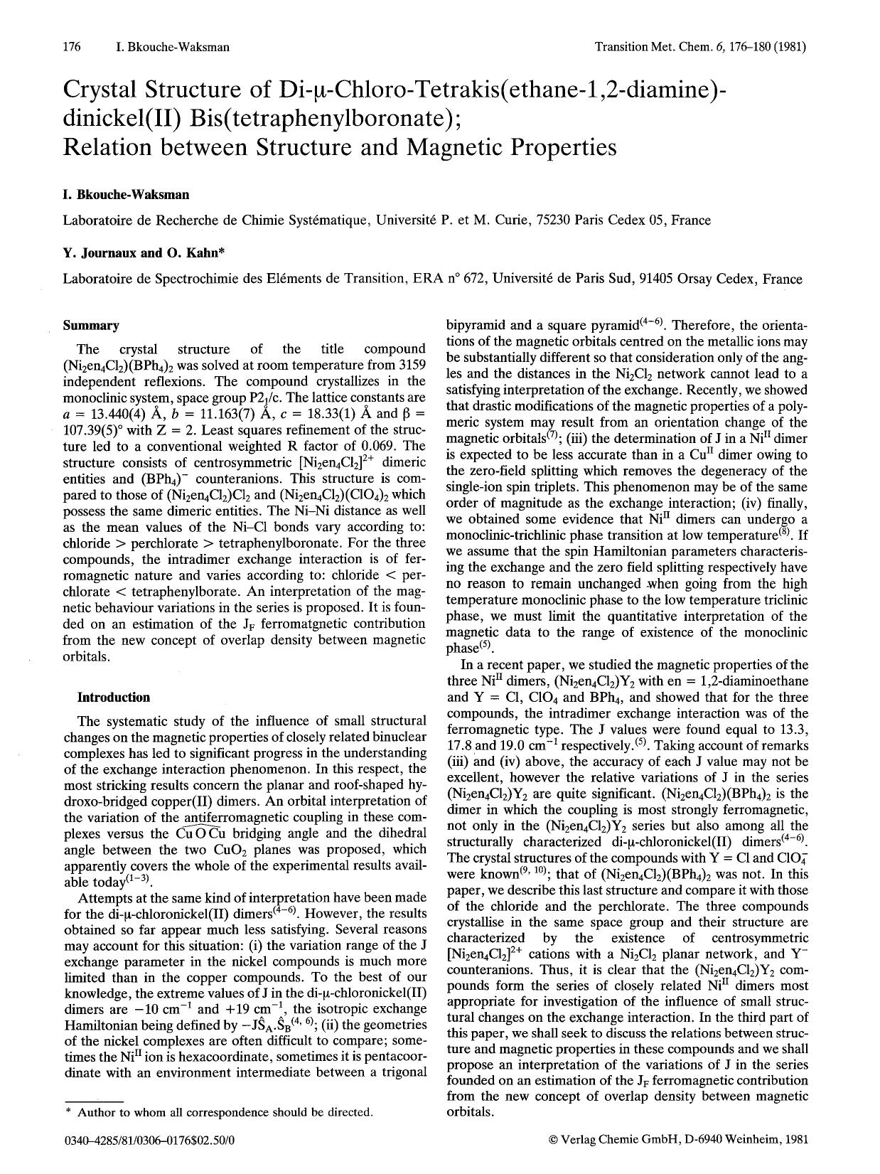 Crystal structure of di-μ-chloro-tetrakis(ethane-1,2-diamine)-dinickel(II) bis(tetraphenylboronate); relation between structure and magnetic properties by Unknown