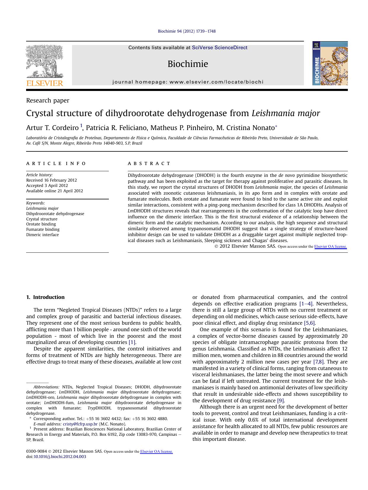Crystal structure of dihydroorotate dehydrogenase from Leishmania major by Artur T. Cordeiro & Patricia R. Feliciano & Matheus P. Pinheiro & M. Cristina Nonato