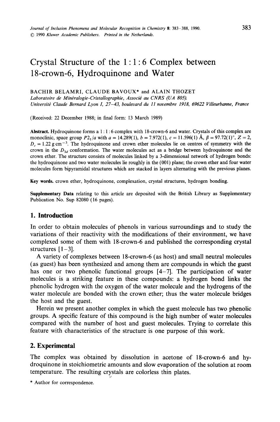 Crystal structure of the 1 : 1 : 6 complex between 18-crown-6, hydroquinone and water by Unknown
