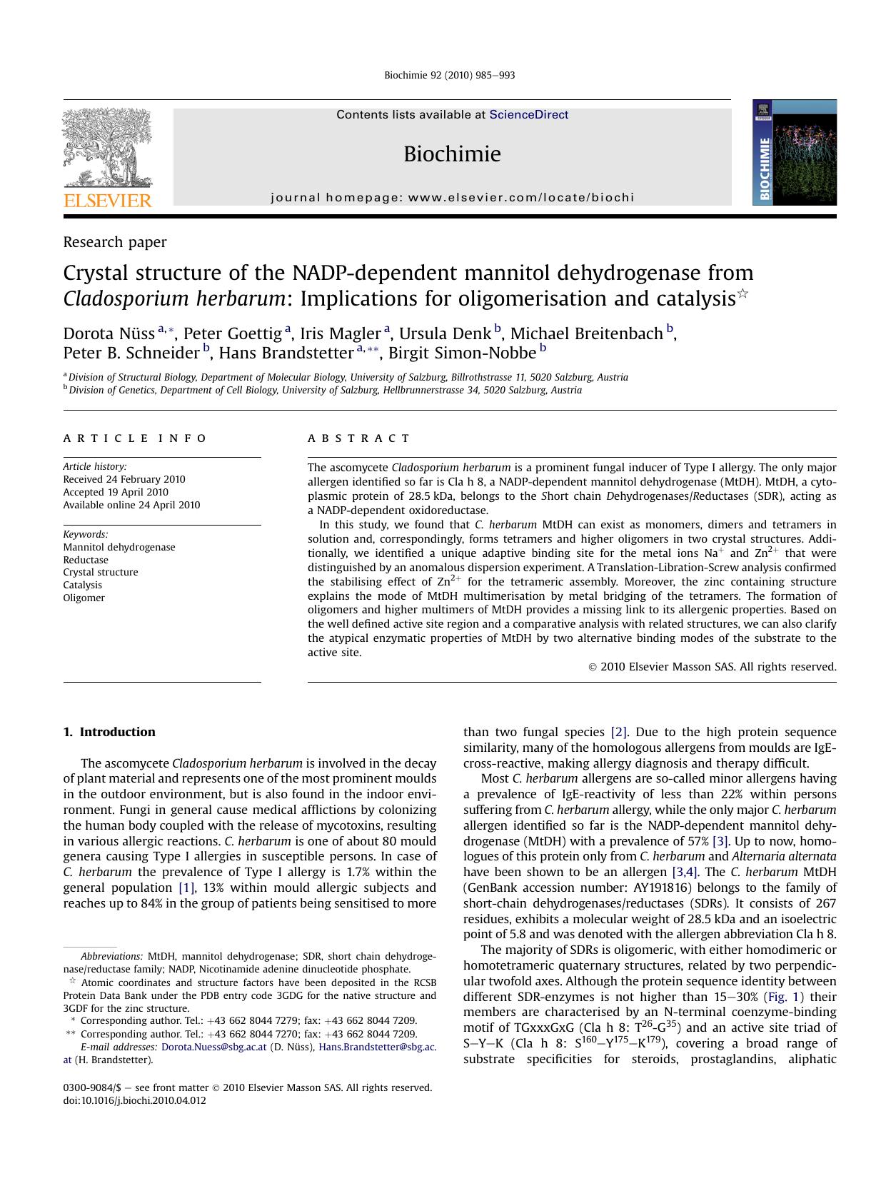 Crystal structure of the NADP-dependent mannitol dehydrogenase from Cladosporium herbarum: Implications for oligomerisation and catalysis by unknow