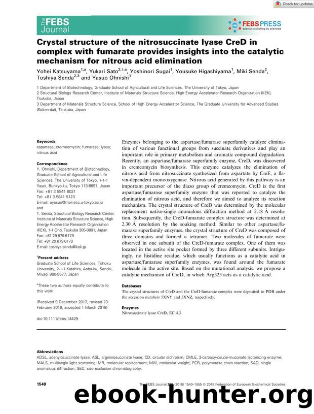 Crystal structure of the nitrosuccinate lyase CreD in complex with fumarate provides insights into the catalytic mechanism for nitrous acid elimination by Unknown