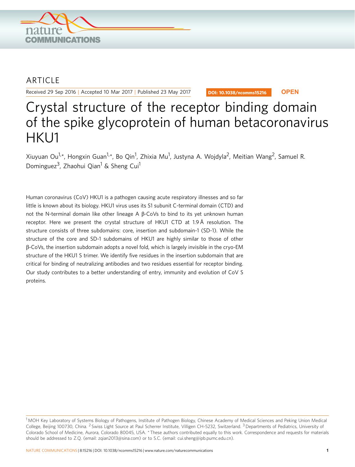 Crystal structure of the receptor binding domain of the spike glycoprotein of human betacoronavirus HKU1 by unknow