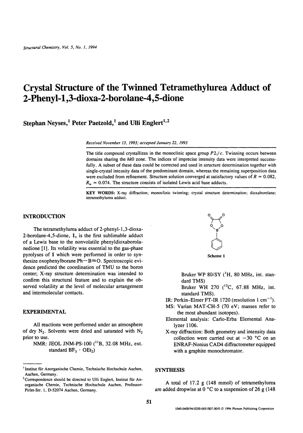 Crystal structure of the twinned tetramethylurea adduct of 2-phenyl-1,3-dioxa-2-borolane-4,5-dione by Unknown