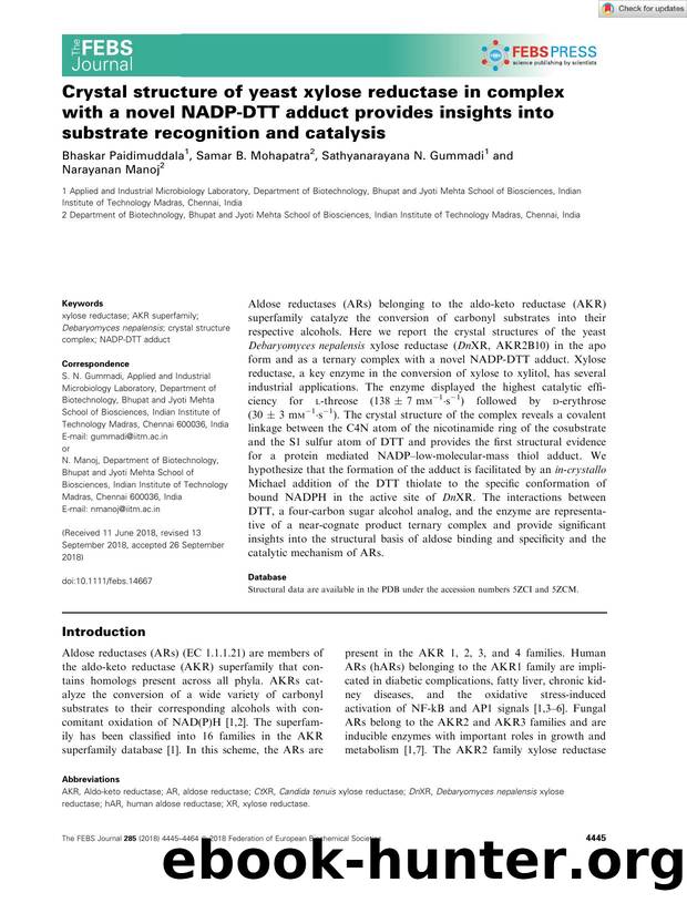 Crystal structure of yeast xylose reductase in complex with a novel NADPâDTT adduct provides insights into substrate recognition and catalysis by Unknown