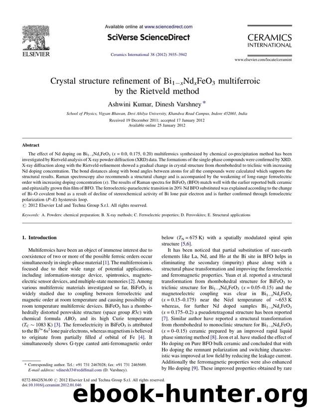 Crystal structure refinement of Bi1âxNdxFeO3 multiferroic by the Rietveld method by Ashwini Kumar