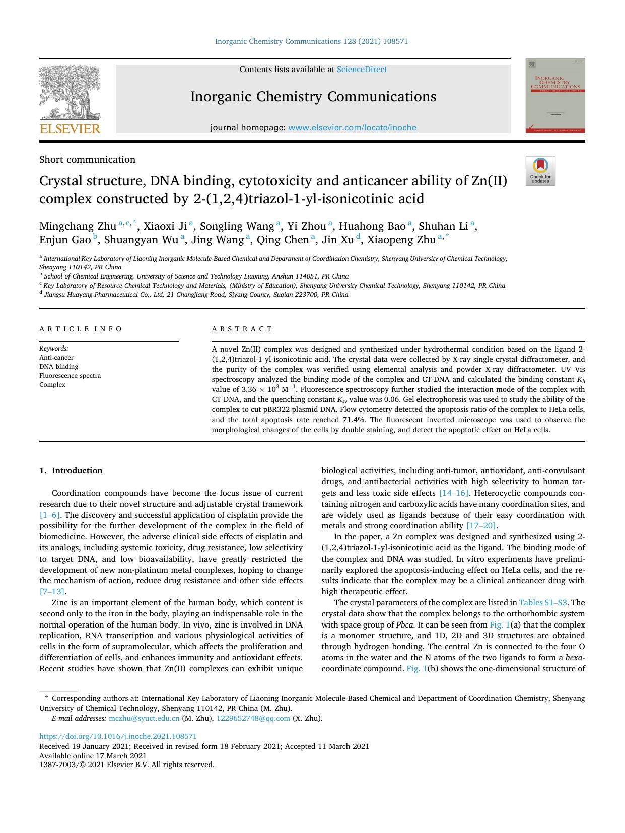 Crystal structure, DNA binding, cytotoxicity and anticancer ability of Zn(II) complex constructed by 2-(1,2,4)triazol-1-yl-isonicotinic acid by Mingchang Zhu