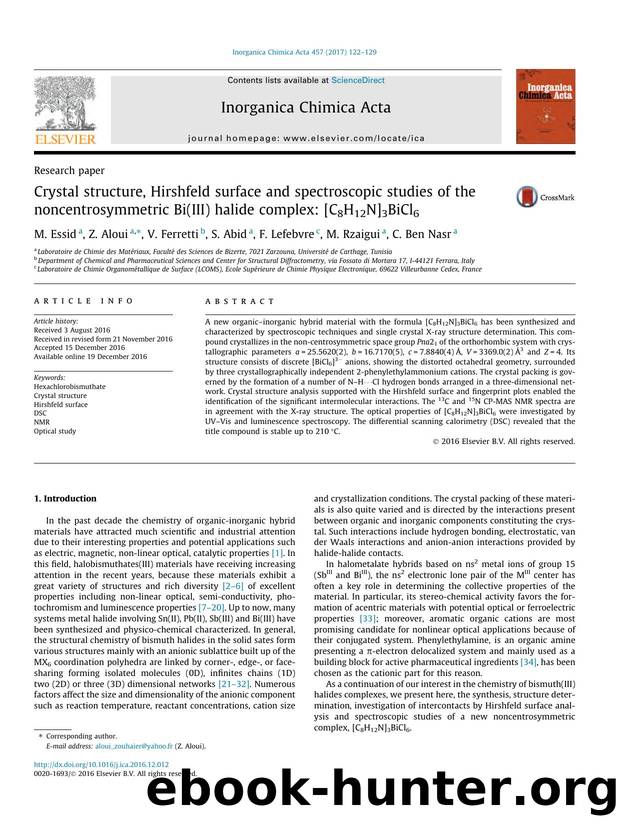 Crystal structure, Hirshfeld surface and spectroscopic studies of the noncentrosymmetric Bi(III) halide complex: [C8H12N]3BiCl6 by M. Essid & Z. Aloui & V. Ferretti & S. Abid & F. Lefebvre & M. Rzaigui & C. Ben Nasr