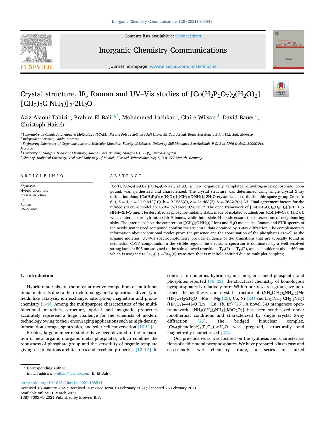 Crystal structure, IR, Raman and UVâVis studies of [Co(H2P2O7)2(H2O)2][CH3)3C-NH3)]2Â·2H2O by Aziz Alaoui Tahiri