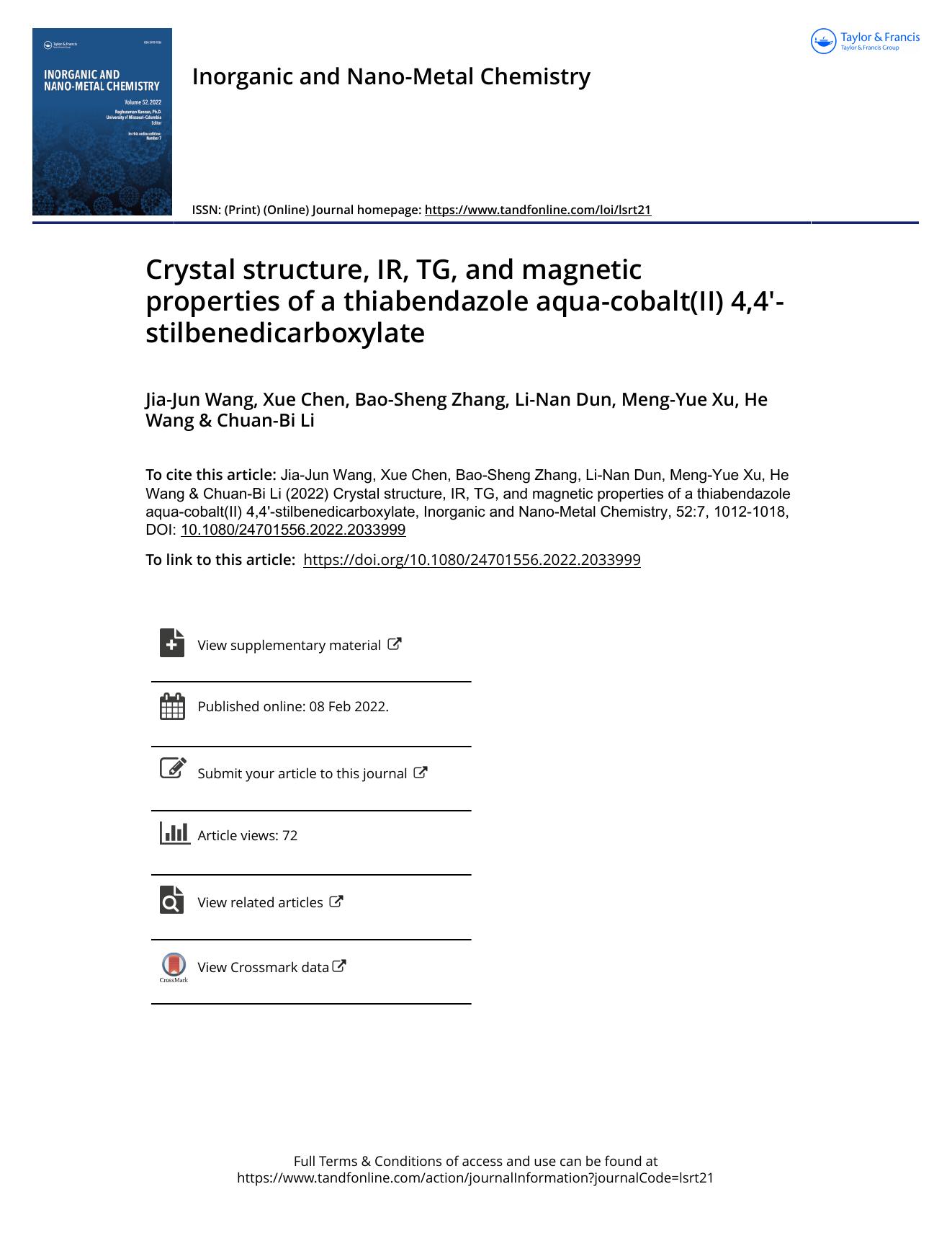 Crystal structure, IR, TG, and magnetic properties of a thiabendazole aqua-cobalt(II) 4,4'-stilbenedicarboxylate by Wang Jia-Jun & Chen Xue & Zhang Bao-Sheng & Dun Li-Nan & Xu Meng-Yue & Wang He & Li Chuan-Bi